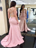 Mermaid Deep V Neck Split Pink Criss Cross Straps Beadings Prom Dress LBQ0392